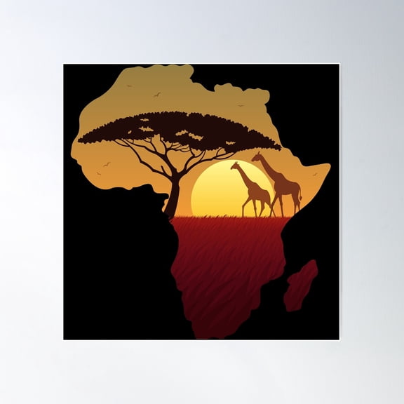 Giraffe Animal In Jungle, Africa Continent Map Poster Wall Art, Modern Wall Decor For Living Room Bedroom, 17x17 UNFRAMED