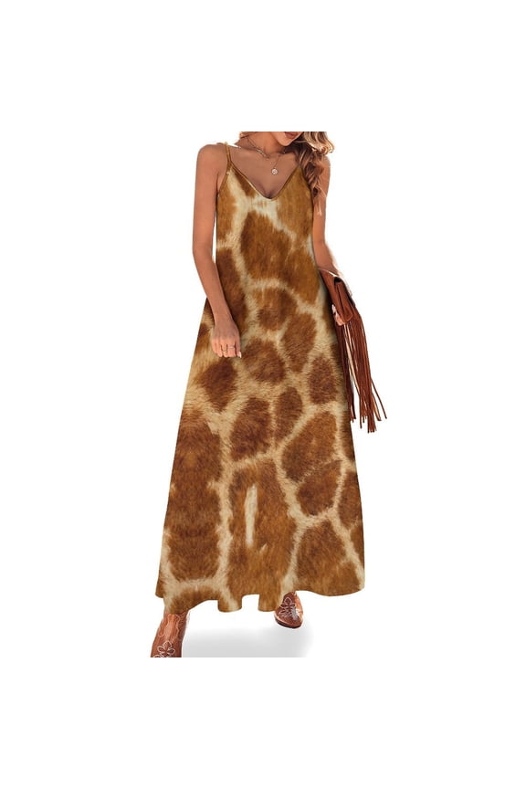 Giraffe Animal Print Sleeveless Suspender Dress Summer Fashion Casual Long Dress
