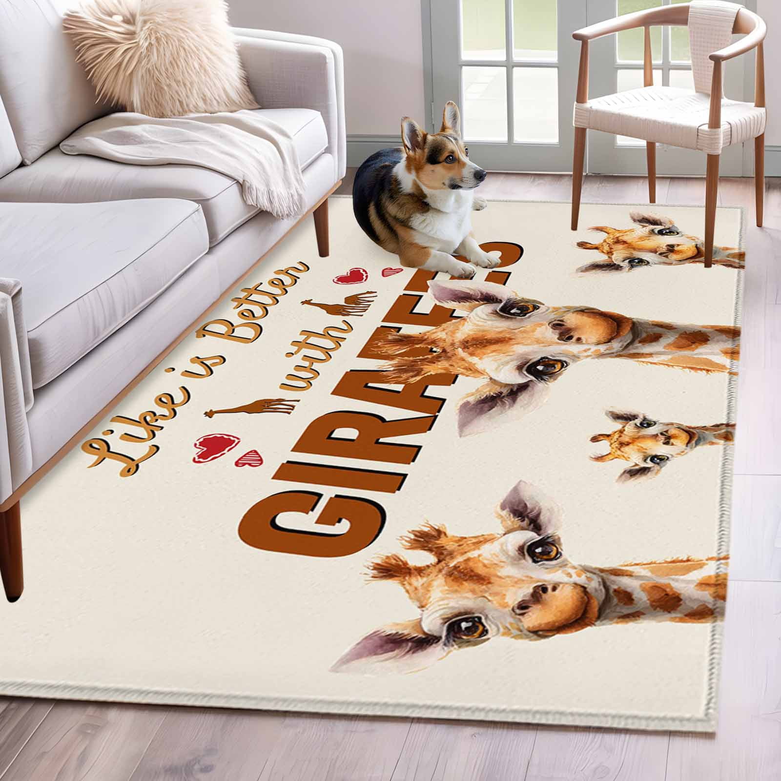 Giraffe Area Rugs 3'x5', Washable Small Throw Rugs for Living Room Bedroom, Red Love Heart Rustic Animals Indoor Outdoor Rug Non-Slip Low Pile Carpet Runner Reversible Floor Mats