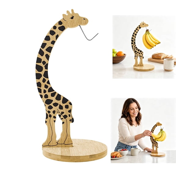 Giraffe Banana Holder Stand, Bamboo Banana Hanger with Stainless Steel Hook for Countertop or Under Cabinet Decorative Banana Tree Fruit Holder for Even Ripening, Storage and Easy Access1pc
