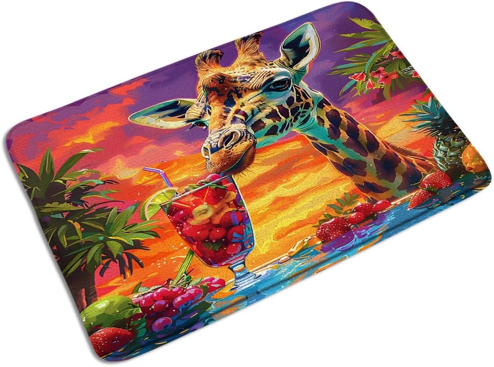 Giraffe Bath Mat Colorful Funny Wild Animals Cartoon Tropical Fruit ...
