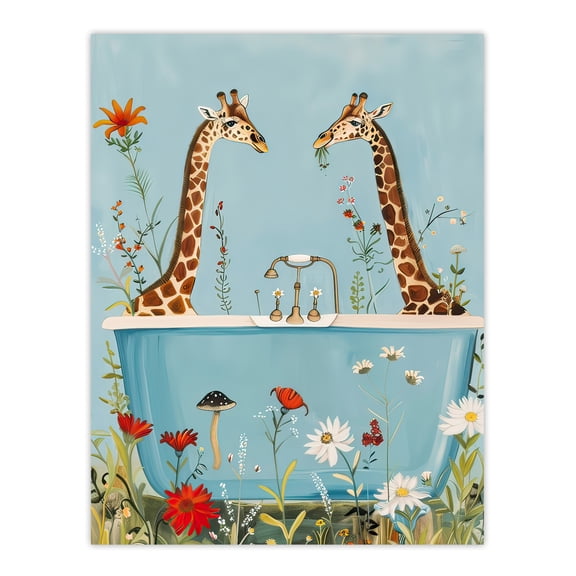 Giraffe Bath Time Surreal Floral Nature Painting Bathroom Toilet Large Wall Art Poster Print Thick Paper 18X24 Inch
