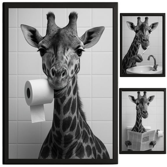 Giraffe Bathroom Decor, Wall Art, Farmhouse Photo Picture Set, 3pk, 8.5x11, TheNameStore