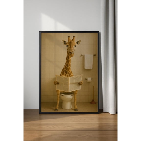 Giraffe Bathroom Poster, , Giraffe Reading Newspapers Poster, Trendy Poster, Bathroom Poster, Tet Poster, Unframed Poster Size 16x24