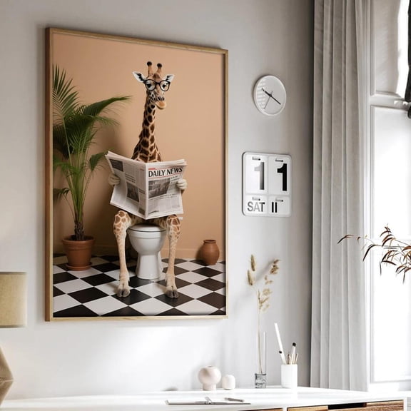 Giraffe Bathroom Poster Quirky Art Home Decor, 8x12 UNFRAMED