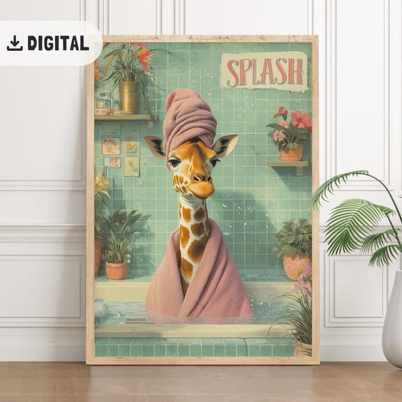 Giraffe Bathroom Poster: Wild Animal Tet Wall Art, Colorful Maximalist Bathtub Decor Wc, F038, Unframed Poster Size 8x12