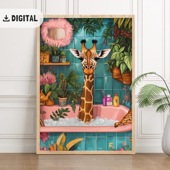 Giraffe Bathroom Wild Animal Tet Wall Art Colorful Giraffe Bathtub Maximalist Wall Decor Restroom Decoration Wc Art Unframed Paper Print