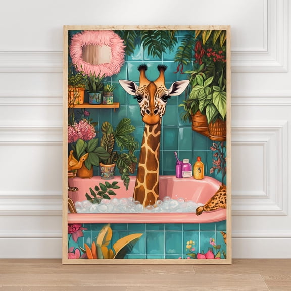Giraffe Bathroom Wild Animal Tet Wall Art Colorful Giraffe Bathtub Maximalist Wall Decor Restroom Decoration Wc Unframed Paper Print