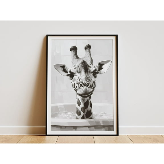 Giraffe Bathtub Poster Animal Wall Art Funny Bathroom Decor Giraffe Bubble Bath Print Minimalist Art Kids Bathroom Art Nursery Decor - Poster Unframed