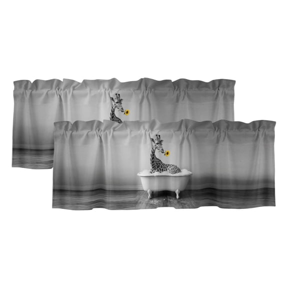 Giraffe Bathtub Valances for Window 2 Pack, Vintage Black White Giraffe Bathing Yellow Sunflower Rod Pocket Curtains Valances Light Filtering Short Curtains for Kitchen Bedroom Bathroom 42 x 12 Inch