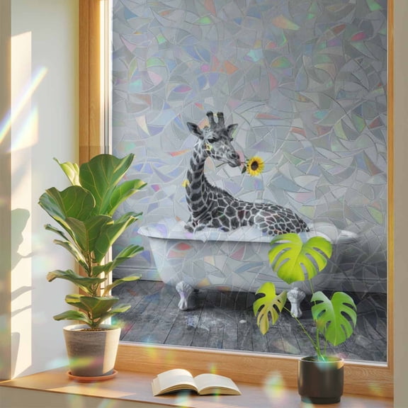 Giraffe Bathtub Window Privacy Film, Vintage Black White Giraffe Bathing Yellow Sunflower Stained Glass Rainbow Film Decorative Window Clings, Static Cling Sun Blocking Stickers 17.7" x 39.3"