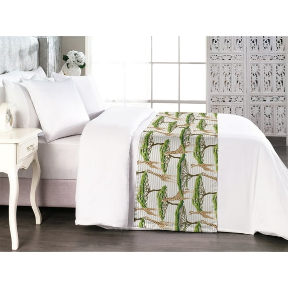 Giraffe Bed Runner, Animal Print with African Tree Cartoon Concept Nature Art on Neutral Stripes, Decorative Accent Bedding Scarf for Hotels Homes & Guest Rooms, Queen, Green Camel Tan, by Ambesonne