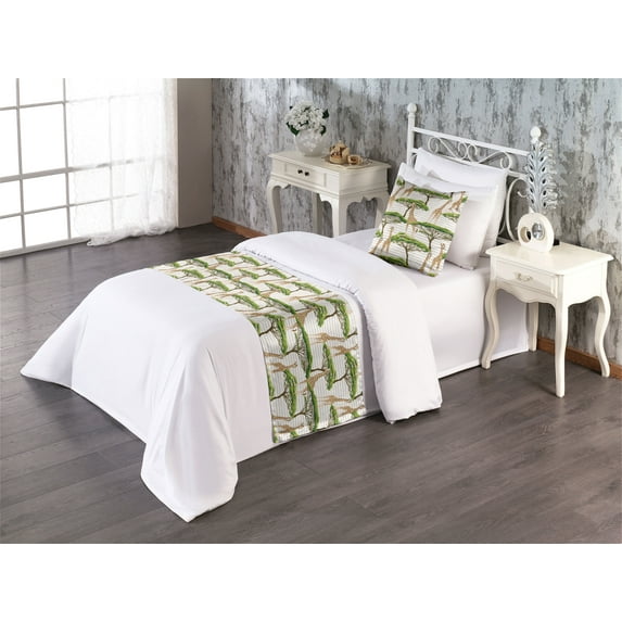 Giraffe Bed Runner Set, Animal Print with African Tree Cartoon Concept Nature Art on Neutral Stripes, Decorative Bedding Scarf & a Pillow Sham for Hotels Homes, Twin, Green Camel Tan, by Ambesonne