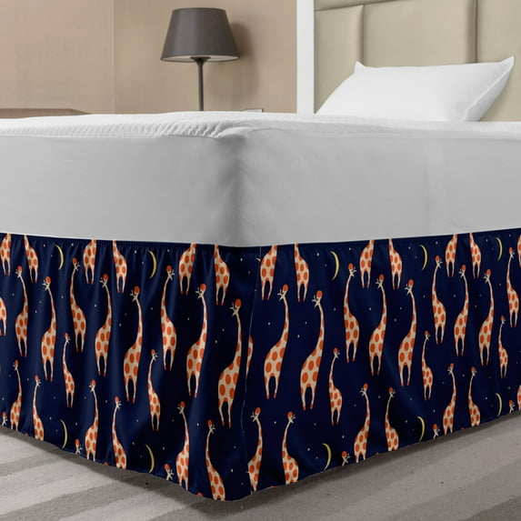Giraffe Bed Skirt, Baby Toddler Nursery Pattern with Funny Animals on Night Sky, Elastic Bedskirt Dust Ruffle Wrap Around for Bedding Decor, 4 Sizes, Dark Orange Navy Blue, by Ambesonne