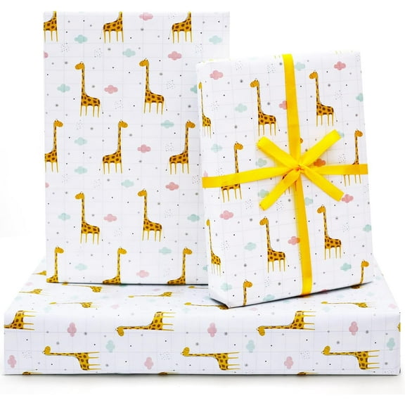 Giraffe Birthday Wrapping Paper for Boys Kids Girls, Giraffe Design Gift Wrap Paper with Ribbon, Cute Animals 6 Sheets Folded Flat 20x30 inches per Sheet for Giraffe Lovers Birthday Party Baby Shower