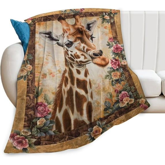 Giraffe Blanket Flowers Giraffe Throw Blankets for Girls Boys Soft Warm Vintage Florals Throws Flannel Fleece Plush Stuffed Animal Gifts for Kids Men Women Adults for Bed Sofa Bedding Decor 50"x40"