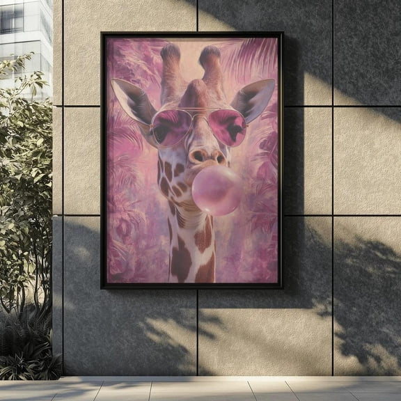 Giraffe Blowing Bubblegum Print: Pink Pop Art Animal Poster, Unframed Poster Size 12x18