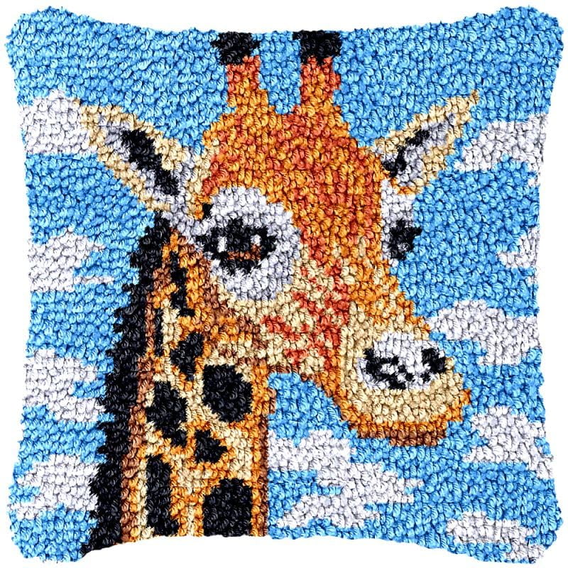 Giraffe Blue Sky View Latch Hook Pillow Cover Kits for DIY Handmade Throw Pillow Cross Stitch Latch Hook Pillowcase Rug Kits with Preprinted Color Pattern Canvas Crochet Yarn Kits 17''X 17''(ch132)