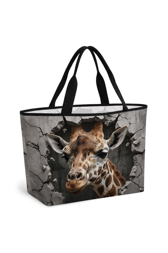 Giraffe Broken Wall Beach Bag for Women, Large Breathable Mesh Beach Tote Bag, Vintage Funny Animals Grey Sandproof Lightweight Travel Bags for Vacation Picnic Swimming Pool 15.7"x15.7"x9.1"