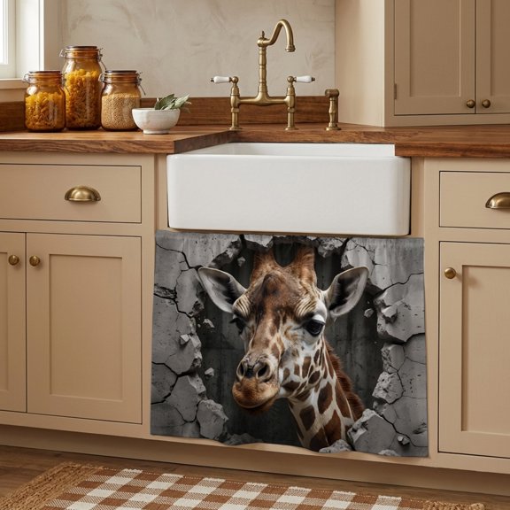 Giraffe Broken Wall Small Cabinet Curtains 10"W x 11"L, Vintage Funny Animals Grey Sink Skirt Dust-Proof Short Curtain for Bathroom Vanity Storage Cubby Desk, Self Adhesive Privacy Drapes