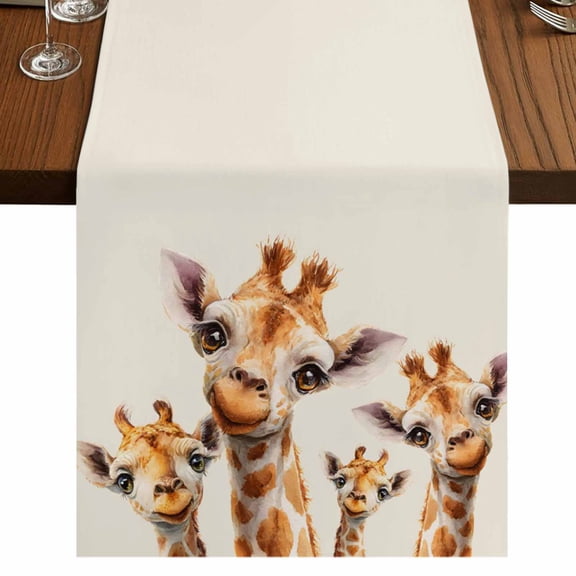 Giraffe Burlap Cotton Table Runner 13x48 Inches Long, Red Love Heart Rustic Animals Farmhouse Table Runners, Outdoor Dining Tablecloths Decor for Baby Shower/Party/Wedding