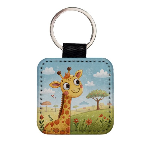 Giraffe Children's Illustration Style Faux Leather Square Keychain