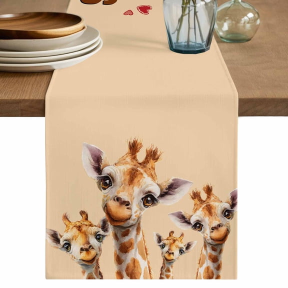 Giraffe Cotton Linen Table Runner for Dining Kitchen, Red Love Heart Farmhouse Animals Wedding Outdoor Party Tablerunners Decoration, Dresser Scarf Coffee Tablecloth Runners 13x60 Inches