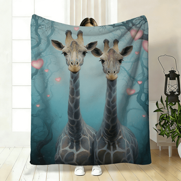 Giraffe Couple Tree Branch Digital Printed Flannel Blanket, 280Gsm Soft Warm Throw for Sofa Bed, Animal Home Decor for Living Room Office Chair, Cozy Bedding for Travel Camping Gift