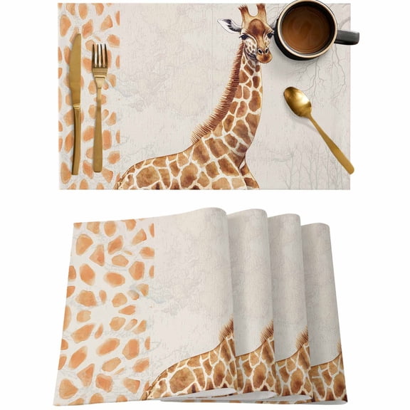 Giraffe Cute Animals Animal Skin Placemats Set of 4,Wipeable Washable Table Mats for Dining Tables,Retro Branch Place Mats for Kitchen Event Party Tabletop Decor