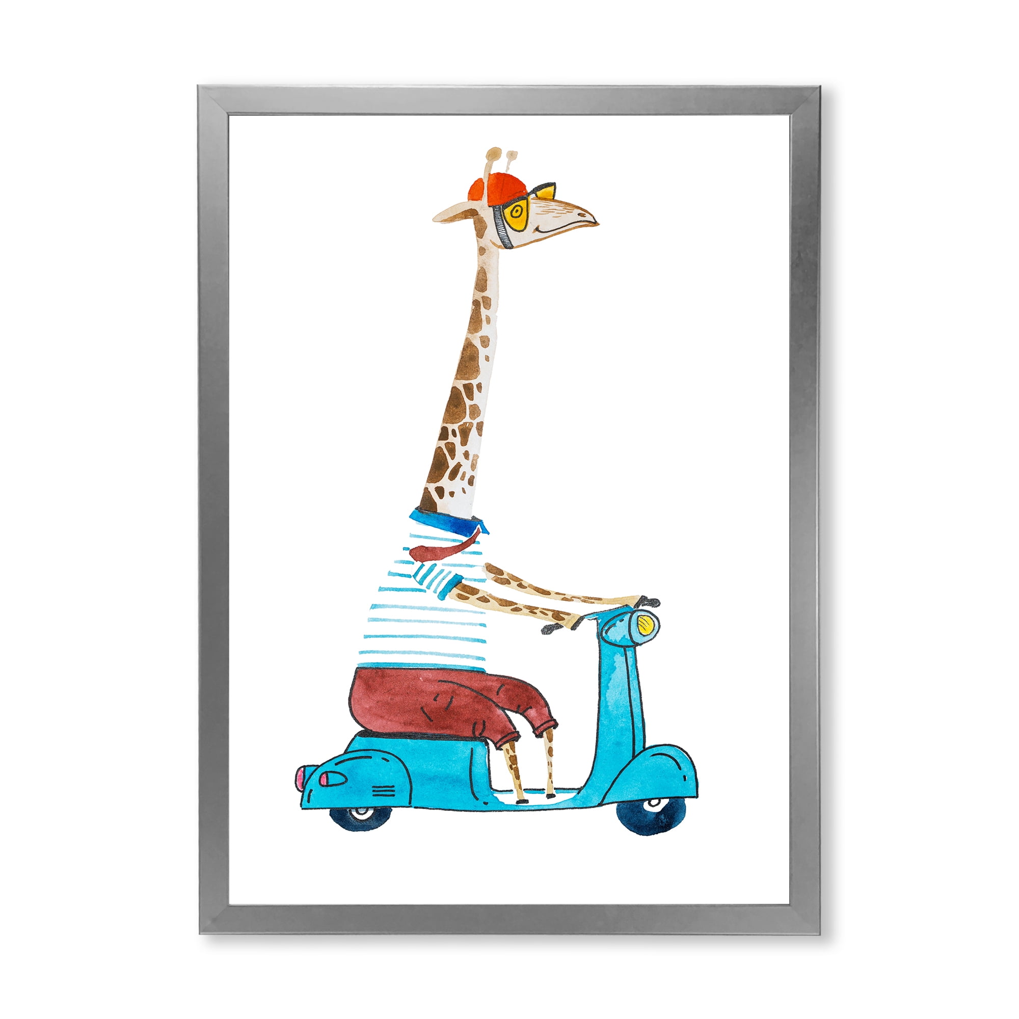 Giraffe Dressed Up Wearing Helmet & Riding Blue Scooter 16 in x 32 in Framed Painting Canvas Art Print, by Designart