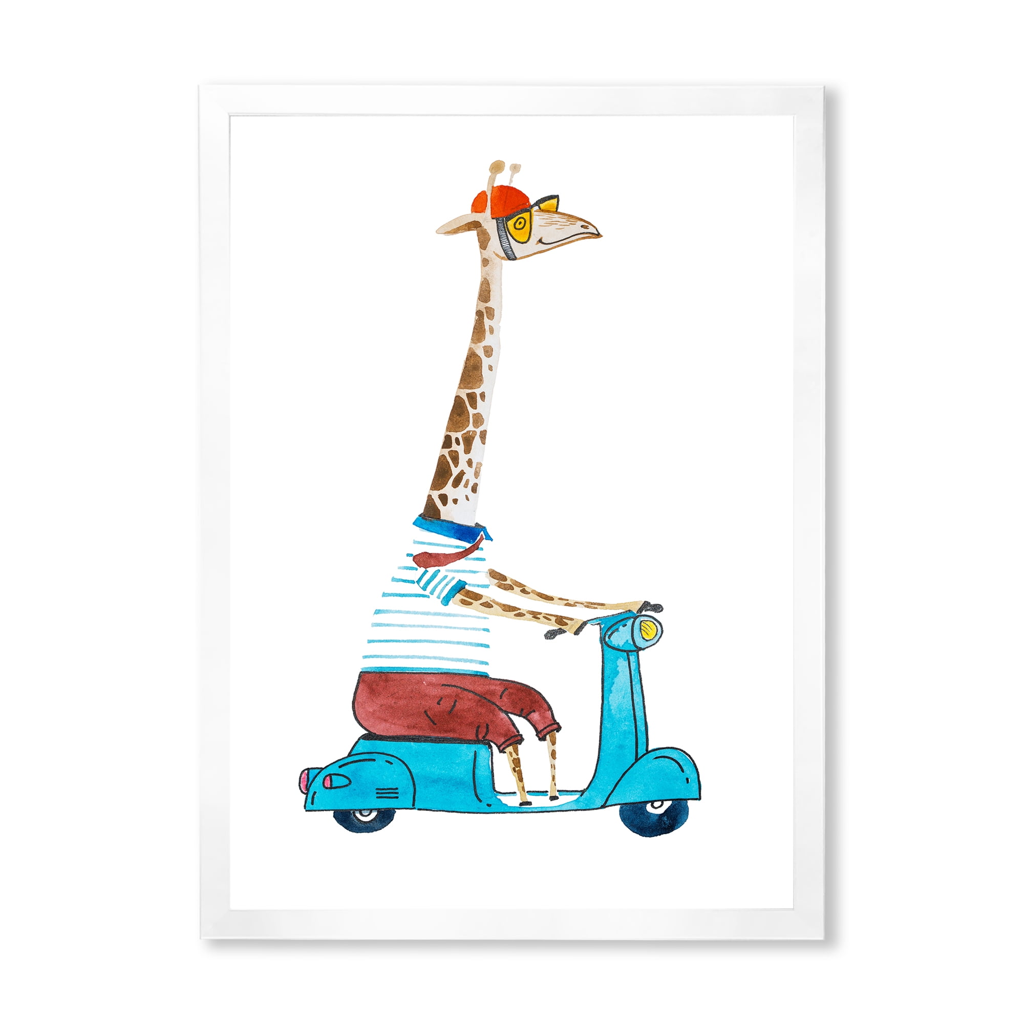 Giraffe Dressed Up Wearing Helmet & Riding Blue Scooter 24 in x 32 in Framed Painting Canvas Art Print, by Designart