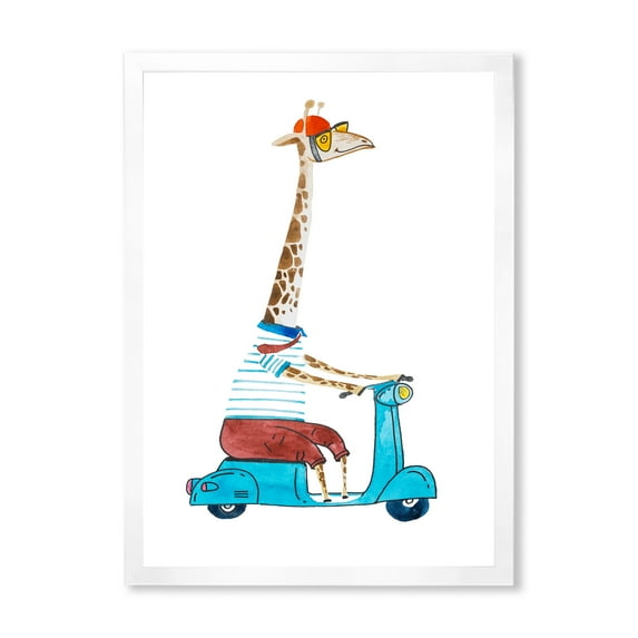 Giraffe Dressed Up Wearing Helmet & Riding Blue Scooter Children 12 in x 20 in Framed Painting Canvas Art Print, by Designart