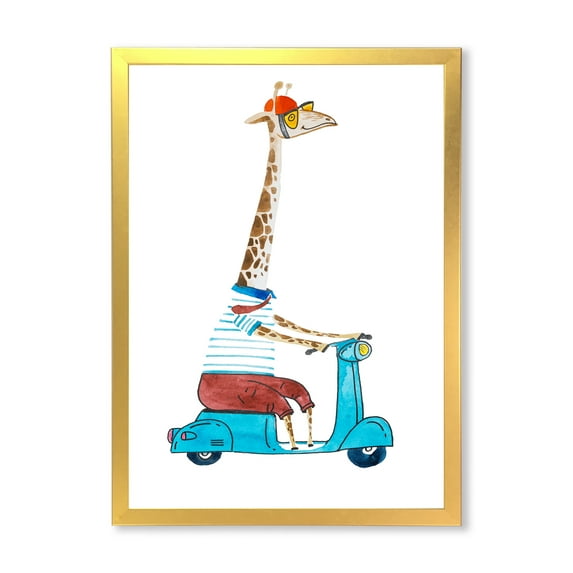 Giraffe Dressed Up Wearing Helmet & Riding Blue Scooter Children 24 in x 32 in Framed Painting Canvas Art Print, by Designart