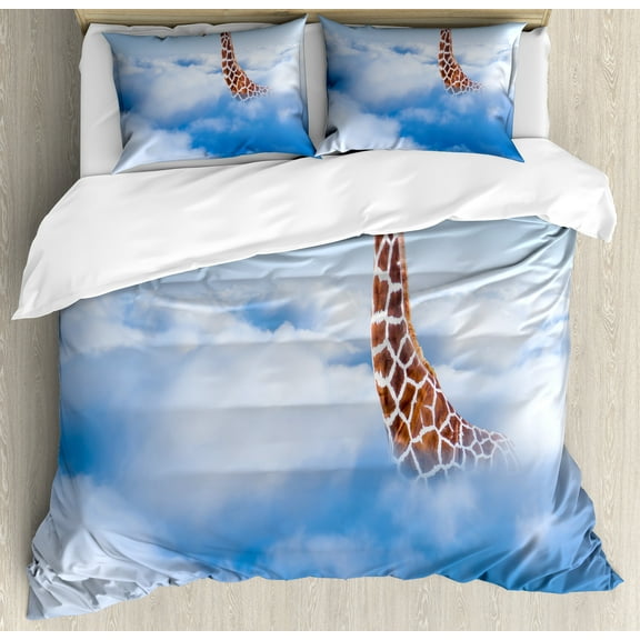 Giraffe Duvet Cover Set, Aerial Scene of a Flying Animal in Fluffy Clouds Heaven Fantasy for Animals Themed, Decorative 3 Piece Bedding Set with 2 Pillow Shams, Queen Size, White Brown, by Ambesonne