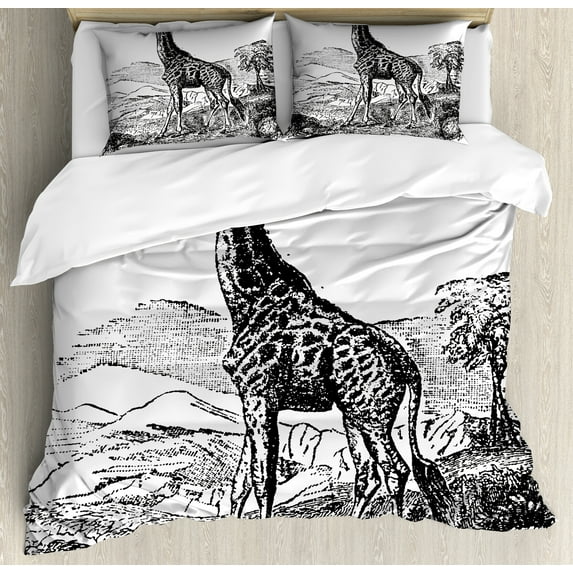 Giraffe Duvet Cover Set, Engraving Natural History Trees Hills Pattern on Plain Background, Decorative 3 Piece Bedding Set with 2 Pillow Shams, King Size, White and Charcoal Grey, by Ambesonne