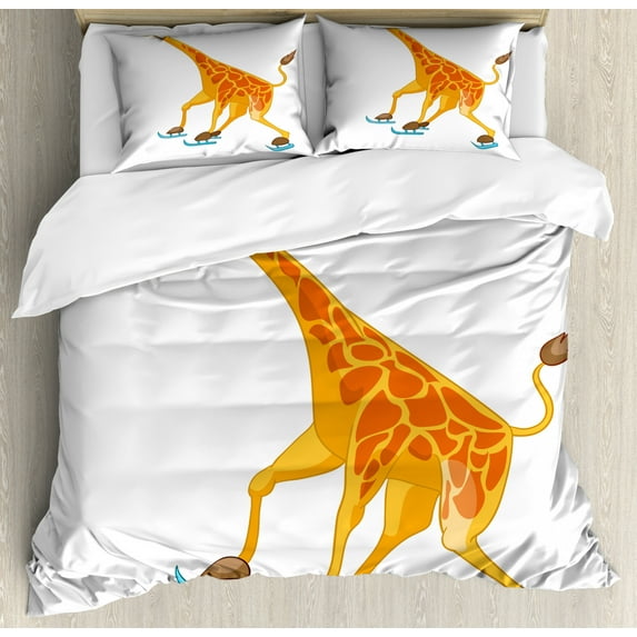 Giraffe Duvet Cover Set King Size, Ice Skating Animal Having Fun Bamboozled Impression Print on Plain Background, Decorative 3 Piece Bedding Set with 2 Pillow Shams, White and Orange, by Ambesonne