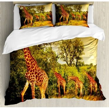 Giraffe Duvet Cover Set Queen Size, African Safari Animals Walking in the Green Forest Savannah Wildlife Theme, Decorative 3 Piece Bedding Set with 2 Pillow Shams, Dark Orange Green, by Ambesonne