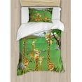 thumbnail image 1 of Giraffe Duvet Cover Set, Savannah Cartoon Fauna Trees Rocks on Green Grass Mountains Illustration, Decorative 2 Piece Bedding Set with 1 Pillow Shams, Twin Size, Fern Green Multicolor, by Ambesonne, 1 of 3