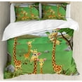 thumbnail image 1 of Giraffe Duvet Cover Set, Savannah Cartoon Fauna Trees Rocks on Green Grass Mountains Illustration, Decorative 3 Piece Bedding Set with 2 Pillow Shams, King Size, Fern Green Multicolor, by Ambesonne, 1 of 3