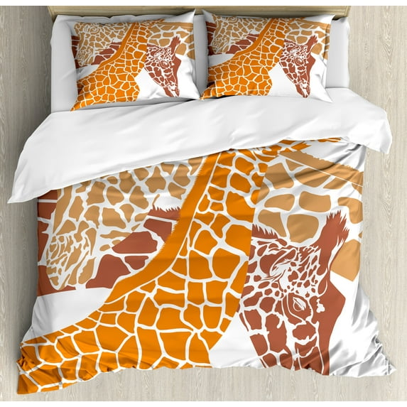 Giraffe Duvet Cover Set, Sketch of a Family Savannah Wildlife in Tall Animal Zoo Camouflage, Decorative 3 Piece Bedding Set with 2 Pillow Shams, Queen Size, Orange White and Brown, by Ambesonne