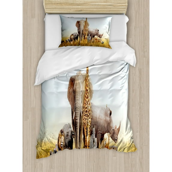 Giraffe Duvet Cover Set Twin Size, Grasslands of Kenya African Safari Elephant Lion Safari Zebra Tiger Photo Print, Decorative 2 Piece Bedding Set with 1 Pillow Sham, Multicolor, by Ambesonne