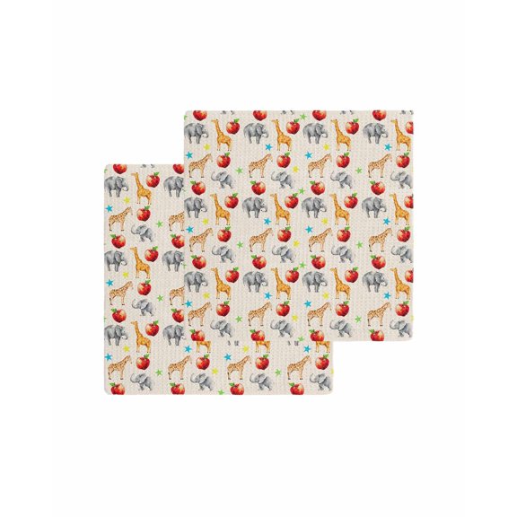 Giraffe Elephant Kitchen Dish Towels for Drying Dishes Set of 2, Fruits Cute Linen Texture Waffle Weave Microfiber Terry Hand Tea Bathroom Towels Quick Dry & Absorbent Towel 12x12