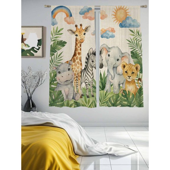 Giraffe Elephant Zebra Tiger Chiffon Sheer Curtains 63 Inches Long Cartoon Animal Pattern Leaf Retro Linen Rod Pocket Window Curtains Voile Drapes Curtains for Living Room Bedroom,2 Panels