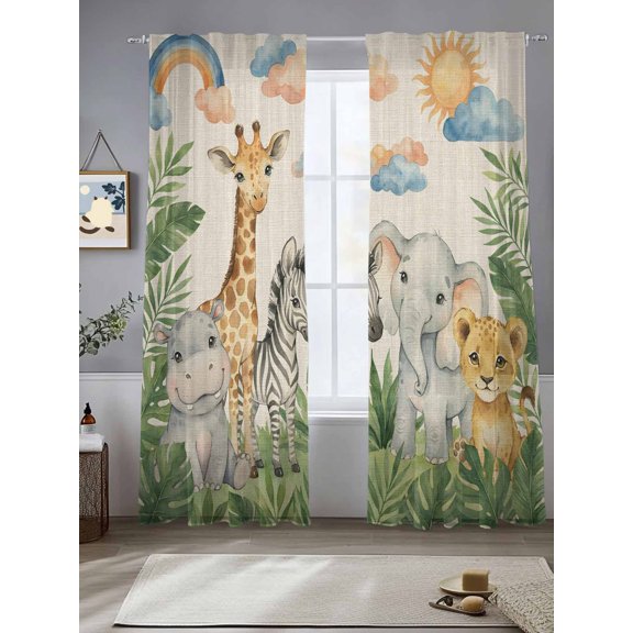 Giraffe Elephant Zebra Tiger Chiffon Sheer Curtains 84 Inches Long Cartoon Animal Pattern Leaf Retro Linen Rod Pocket Window Curtains Voile Drapes Curtains for Living Room Bedroom,2 Panels