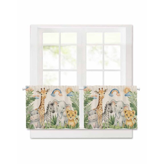 Giraffe Elephant Zebra Tiger Short Blackout Curtains 24 Inch Long,Cartoon Animal Leaf Retro Linen Rod Pocket Kitchen Curtains,2 Panels Thermal Insulated Room Darkening Drapes for Bedroom,30"W x 24"L
