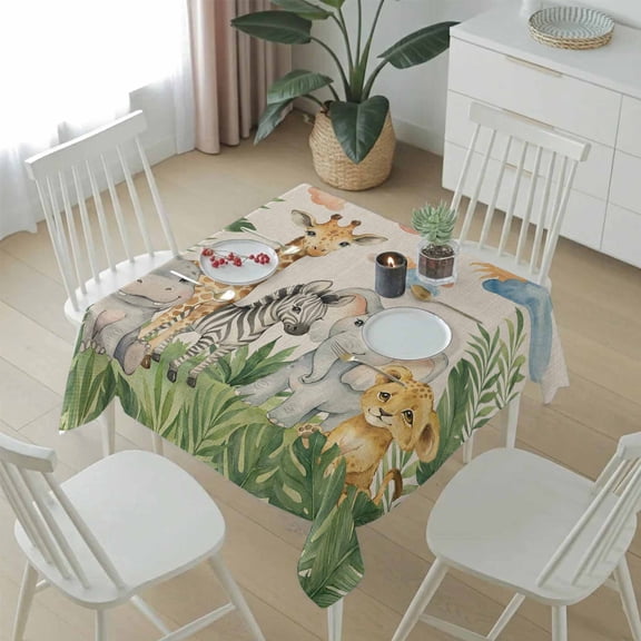 Giraffe Elephant Zebra Tiger Table Cloth 54x54in, Waterproof Square Tablecloth Wipeable Tablecloths Cartoon Animal Leaf Retro Linen Table Covers for Dining Tables Party Indoor Outdoor