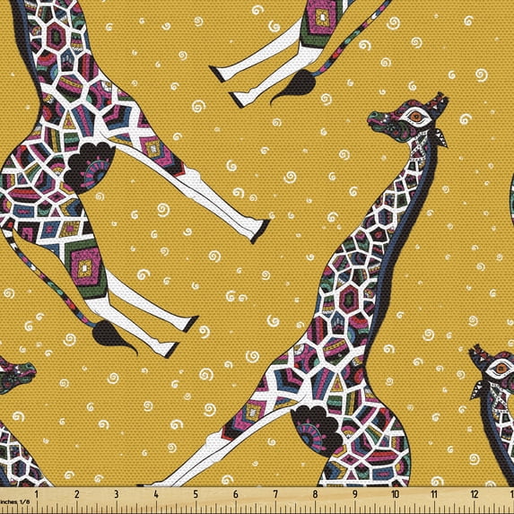 Ambesonne Giraffe Fabric by the Yard Upholstery, Animal Ornaments, 1 Yard, Multicolor