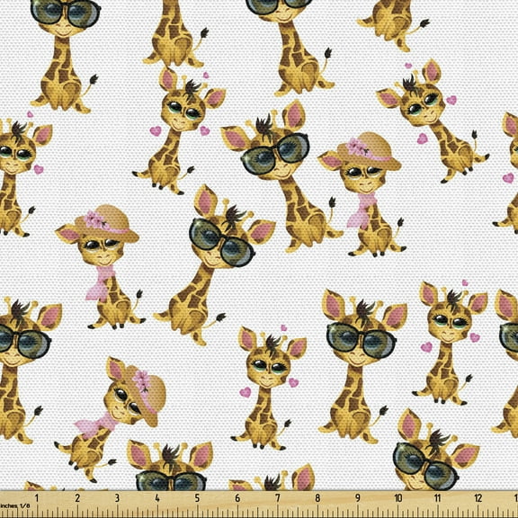 Ambesonne Giraffe Fabric by the Yard Upholstery, Romantic Characters, 5 Yards, Pale Brown Yellow and Pink