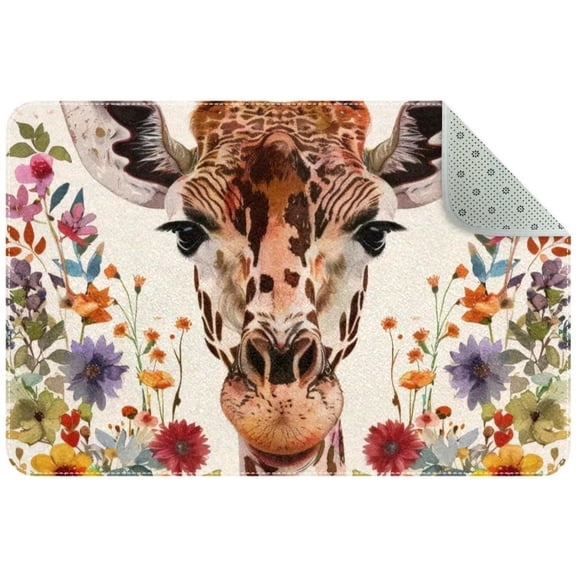 Giraffe Face with Aesthetic Floral Background Small Area Rug, Non-Slip Door Mat Indoor Floor Mat, Washable Kitchen Rug Entrance DMat for Bedroom Living Room