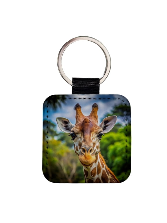 Giraffe Face Faux Leather Square Keychain